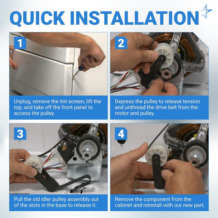 691366 Dryer Idler Pulley - Quick installation guide showing removal of the old pulley and belt and installation of the new p