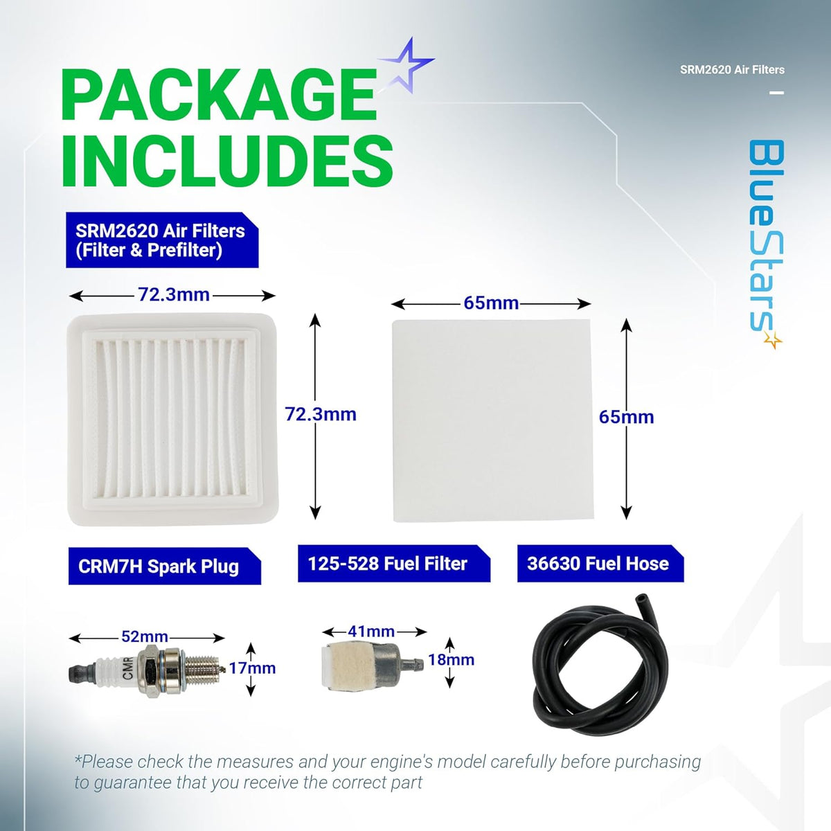 SRM-2620 maintenance kit components with dimensions, including air filter, prefilter, spark plug, fuel filter, and hose.