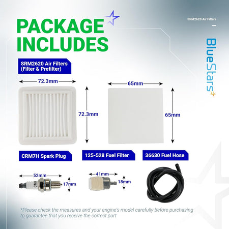 SRM-2620 maintenance kit components with dimensions, including air filter, prefilter, spark plug, fuel filter, and hose.