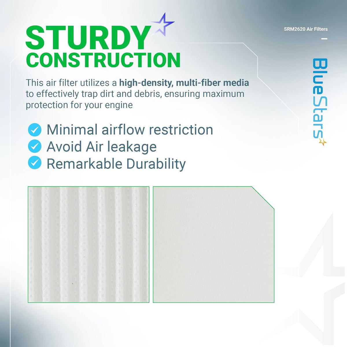 Infographic showing high-density multi-fiber construction of SRM-2620 air filter for Echo and Shindaiwa equipment.