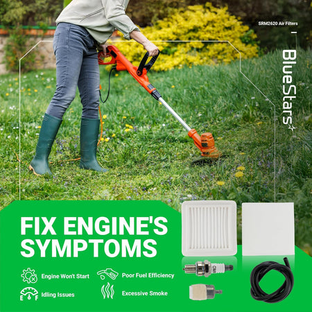SRM-2620 air filter and maintenance kit components for Echo and Shindaiwa trimmers shown with engine troubleshooting guide.