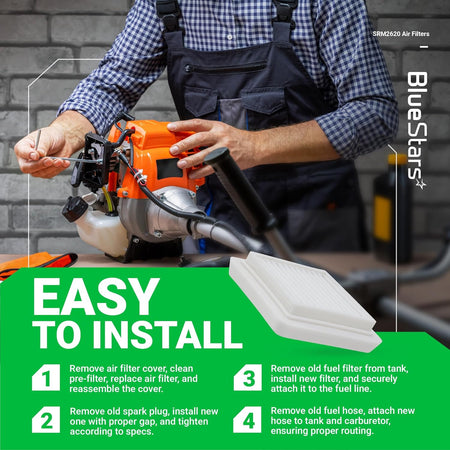 Instructional graphic showing how to install an SRM-2620 air filter and maintenance kit on an Echo trimmer.