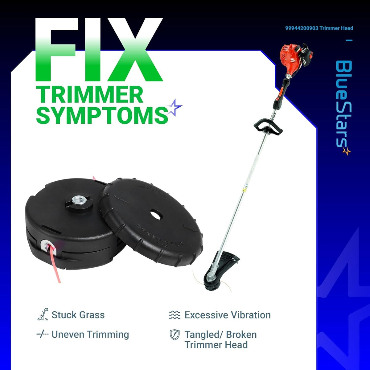 Speed-Feed 450 trimmer head replacement kit for Echo trimmers showing common symptoms and repair solutions.