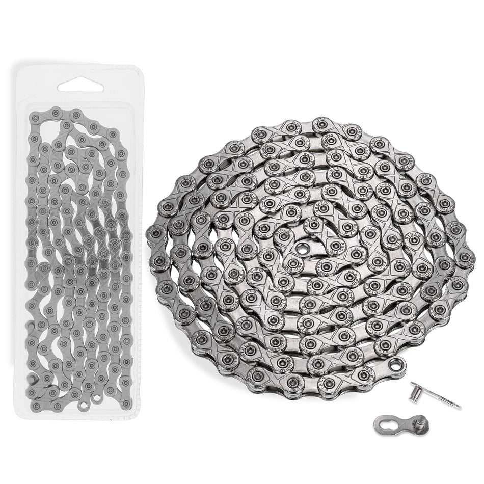 10-speed bicycle chain coiled next to its plastic packaging and included quick link connector.