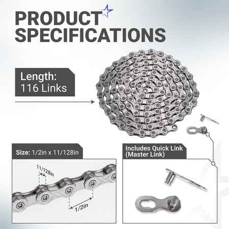 Infographic showing 10-speed bike chain specifications, 116 links, 1/2 x 11/128 inch sizing, and included quick link.
