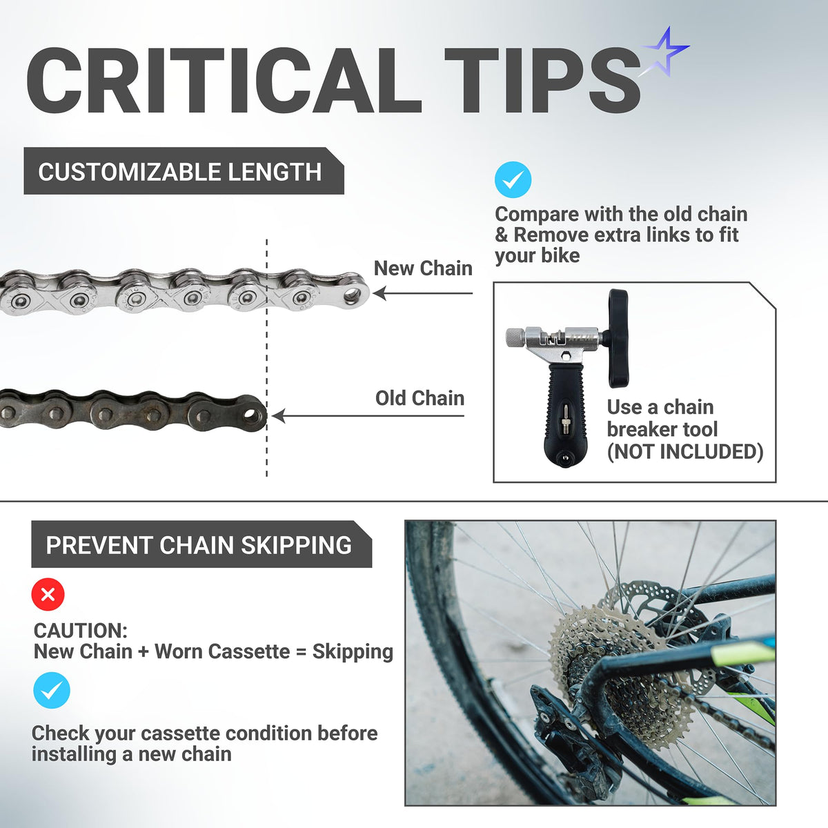 Infographic showing installation tips for 10 speed bike chain, including length adjustment and cassette compatibility.