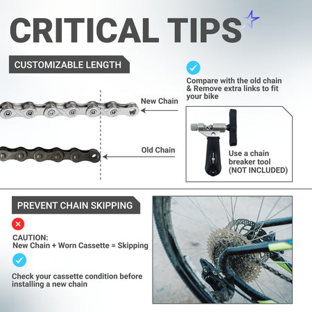 Infographic showing installation tips for 10 speed bike chain, including length adjustment and cassette compatibility.