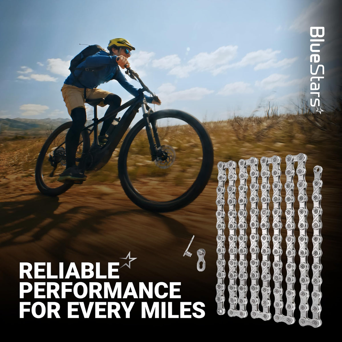 10-speed anti-rust bicycle chain with quick link for MTB and road bikes shown with a cyclist in the background.