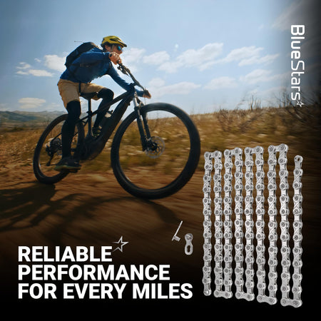 10-speed anti-rust bicycle chain with quick link for MTB and road bikes shown with a cyclist in the background.