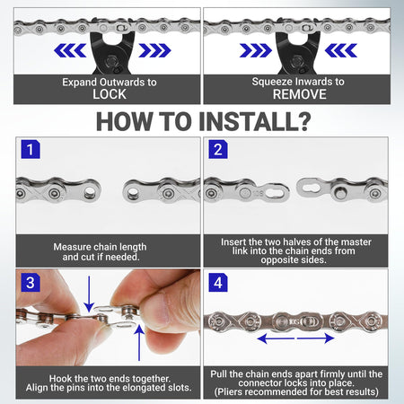 Instructional diagram showing how to install a 10 speed bike chain and quick link using pliers.