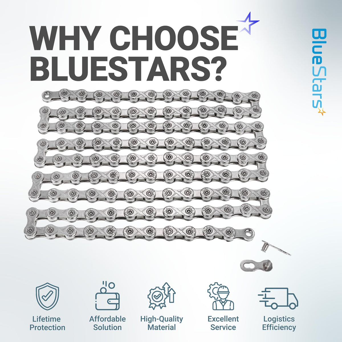 10-speed anti-rust bicycle chain with quick link and BlueStars branding infographic.