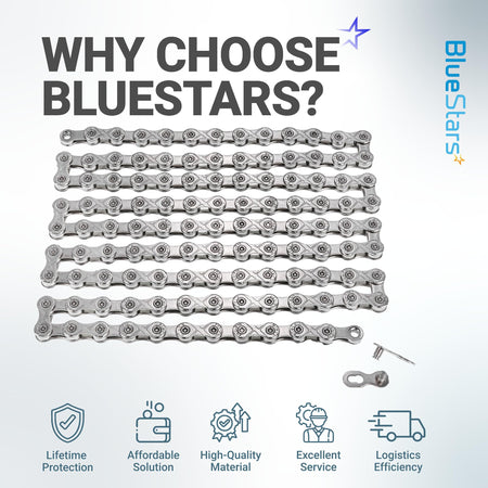 10-speed anti-rust bicycle chain with quick link and BlueStars branding infographic.