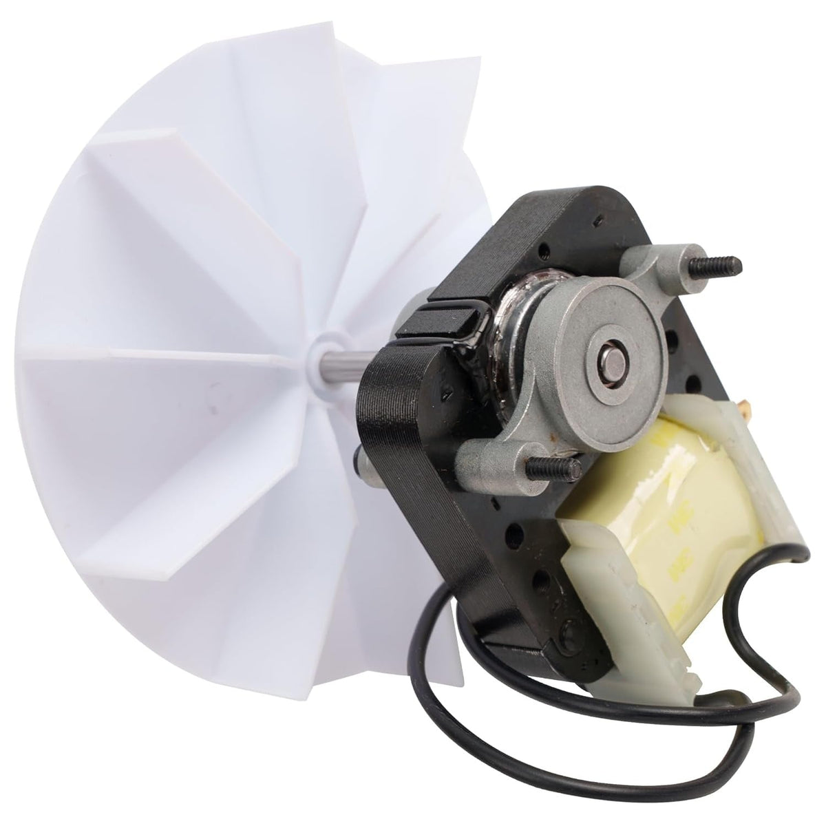 SM550 bathroom fan replacement motor with attached white plastic blower wheel and power wires.