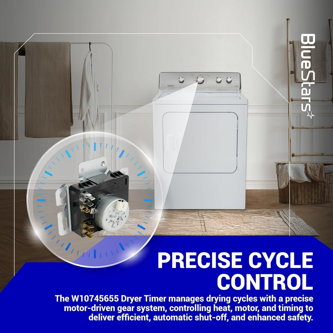 W10745655 dryer timer replacement part shown with a white dryer and cycle control diagram.