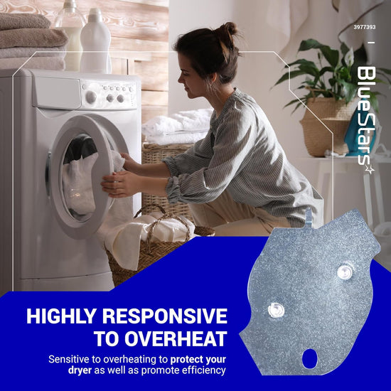 3977393 dryer thermal fuse replacement part shown in a promotional graphic for Whirlpool and Maytag dryers.