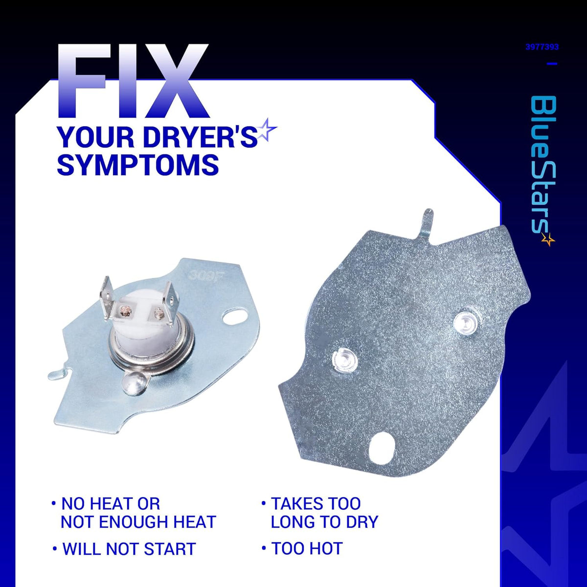 Two 3977393 dryer thermal fuses shown from front and back angles for Whirlpool, Maytag, and Kenmore dryers.