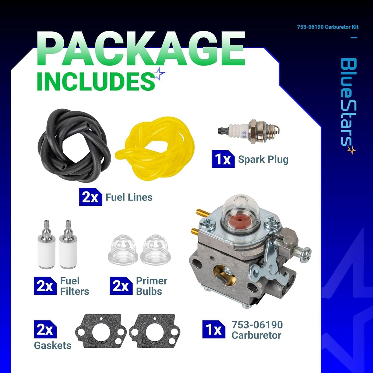 753-06190 carburetor maintenance kit including fuel lines, spark plug, fuel filters, primer bulbs, and gaskets.