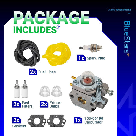 753-06190 carburetor maintenance kit including fuel lines, spark plug, fuel filters, primer bulbs, and gaskets.