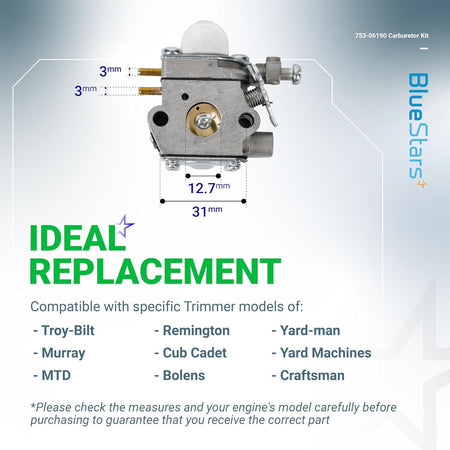 753-06190 carburetor replacement showing detailed dimensions for compatibility with various trimmer models.