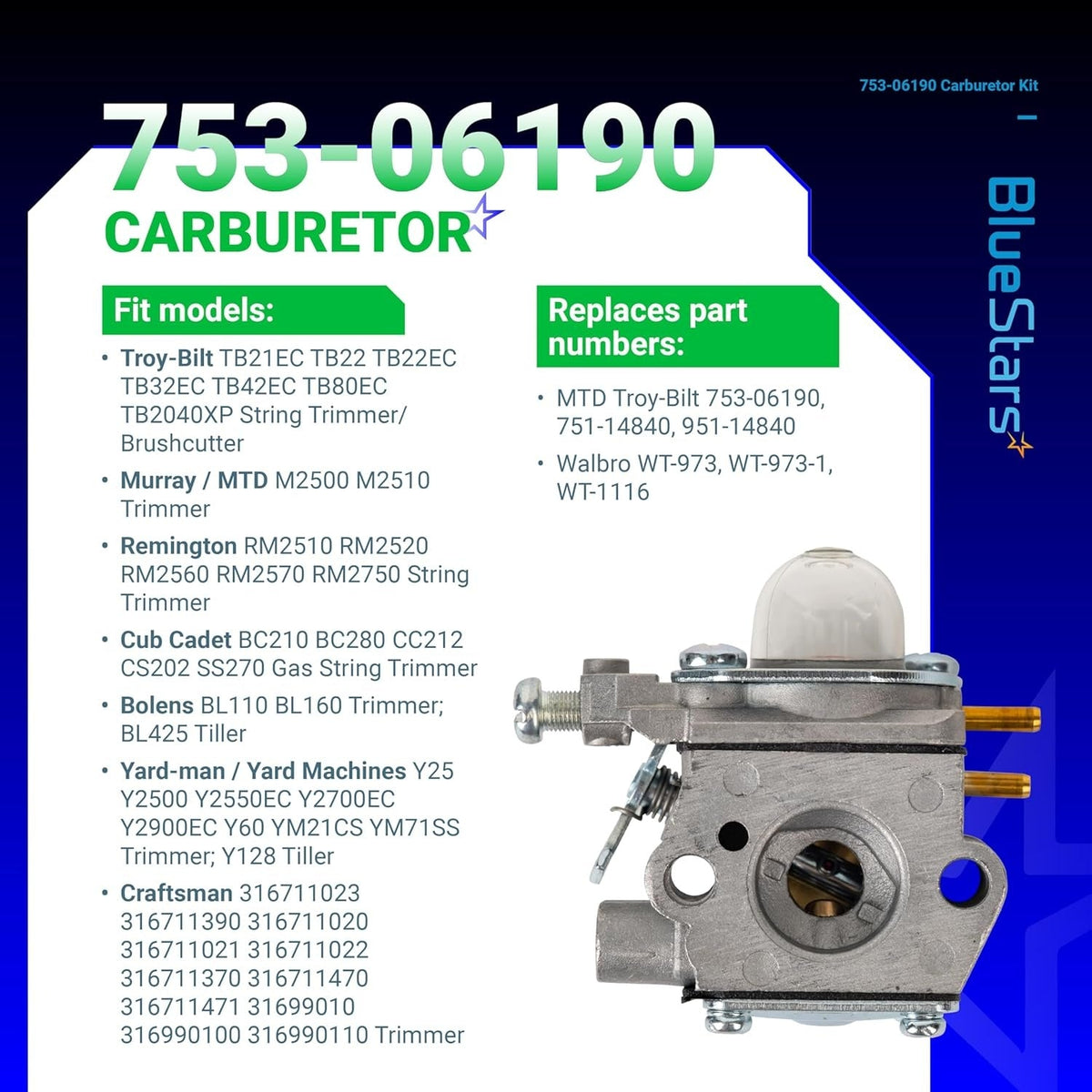 753-06190 carburetor replacement part for Troy-Bilt, Murray, and Bolens trimmers shown with compatibility list.
