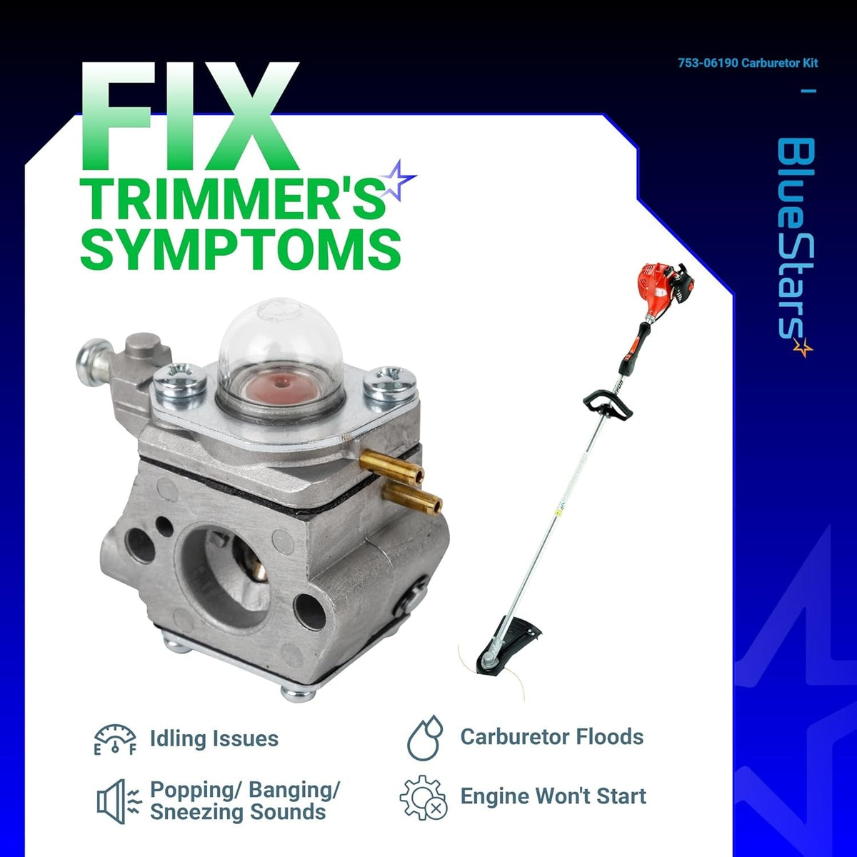 753-06190 replacement carburetor for Troy Bilt, Murray, and Bolens trimmers with primer bulb and engine symptoms guide.