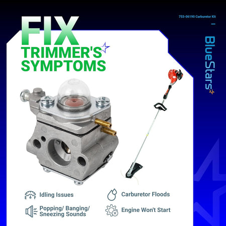 753-06190 replacement carburetor for Troy Bilt, Murray, and Bolens trimmers with primer bulb and engine symptoms guide.