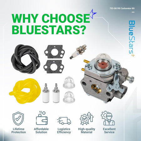 753-06190 carburetor kit with fuel lines, gaskets, spark plug, and primer bulbs for Troy Bilt and compatible trimmers.