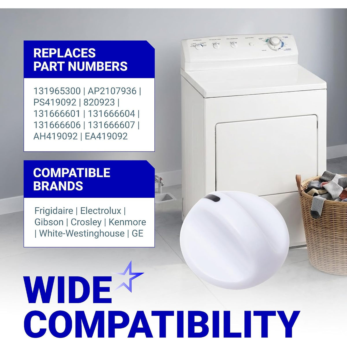 131965300 Dryer Timer Knob shown beside a dryer with replacement part numbers and compatible brands listed