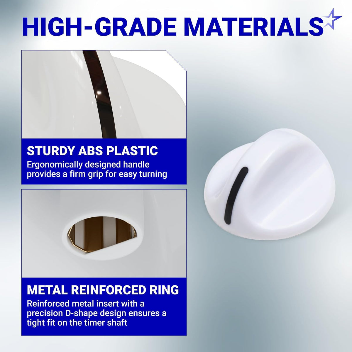 131965300 Dryer Timer Knob, white knob shown with ABS plastic handle and metal-reinforced ring close-ups