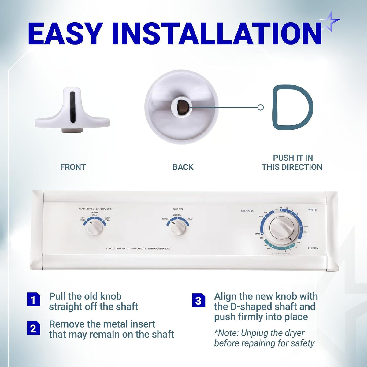 131965300 Dryer Timer Knob installation diagram showing front and back views, D-shaped shaft, and fitting steps