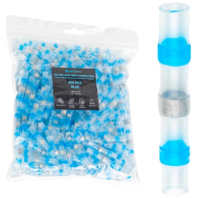Bulk pack of 200 blue solder seal wire connectors with a close-up view of a single connector.