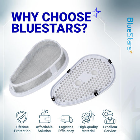W10828351 Dryer Lint Filter & Cover shown with stainless steel mesh filter, perforated cover, and feature icons