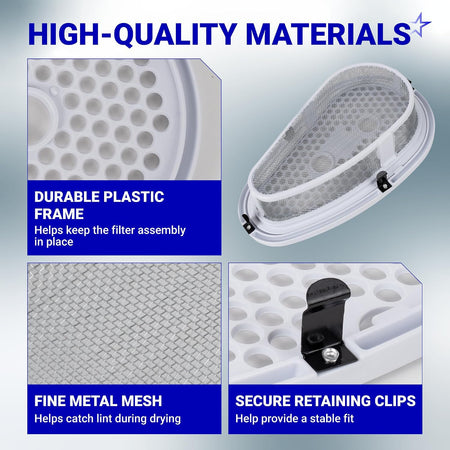 W10828351 Dryer Lint Filter & Cover with Stainless Steel Mesh Screen, showing plastic, fine mesh, and retaining clip details