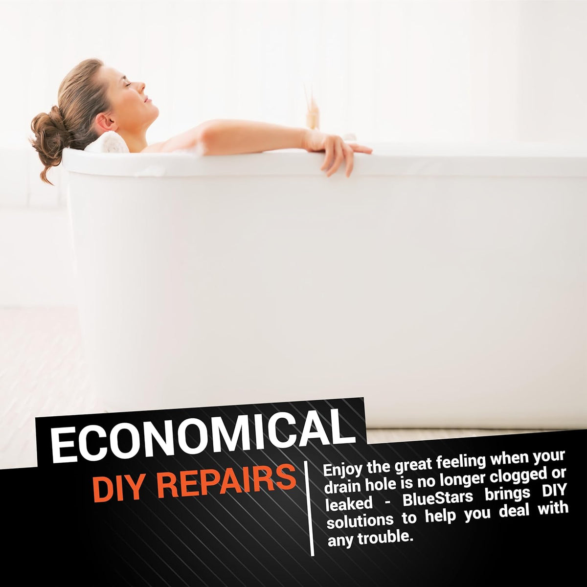 Woman relaxing in a bathtub with text overlay promoting economical DIY bathtub drain repair solutions.