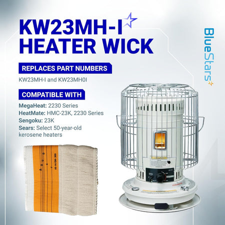 KW23MH-I Kerosene Heater Wick compatibility graphic with wick and Blue Stars heater
