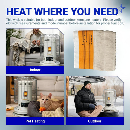 KW23MH-I Kerosene Heater Wick graphic showing the wick with indoor, pet heating, and outdoor heater scenes
