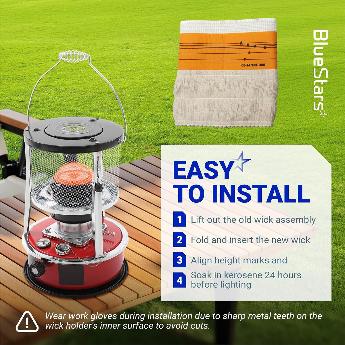 KW23MH-I Kerosene Heater Wick shown with a kerosene heater and easy installation instructions