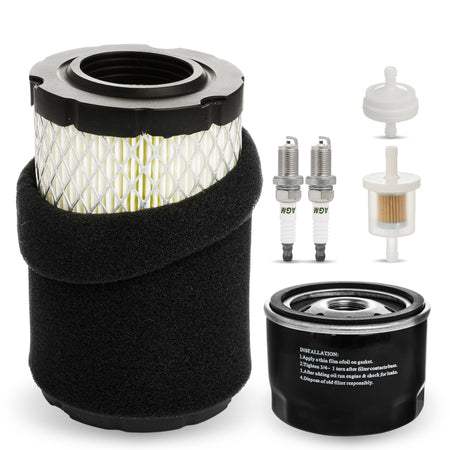 Lawn tractor maintenance kit with air filter, oil filter, two spark plugs, and two fuel filters.