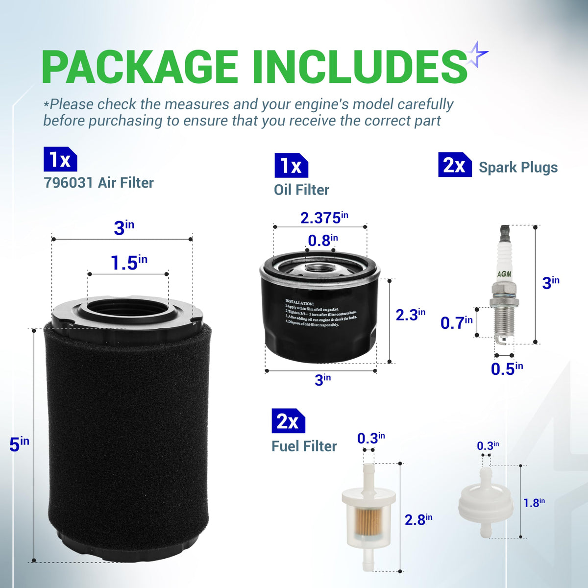 Maintenance kit infographic showing air filter, oil filter, spark plugs, and fuel filters with dimensions.