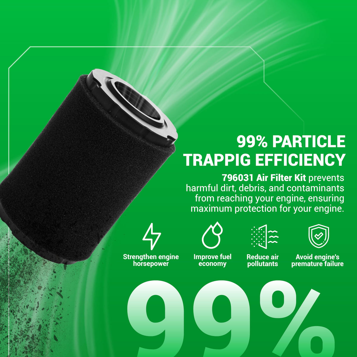 796031 lawn tractor air filter with 99% particle trapping efficiency for John Deere and Husqvarna engines.