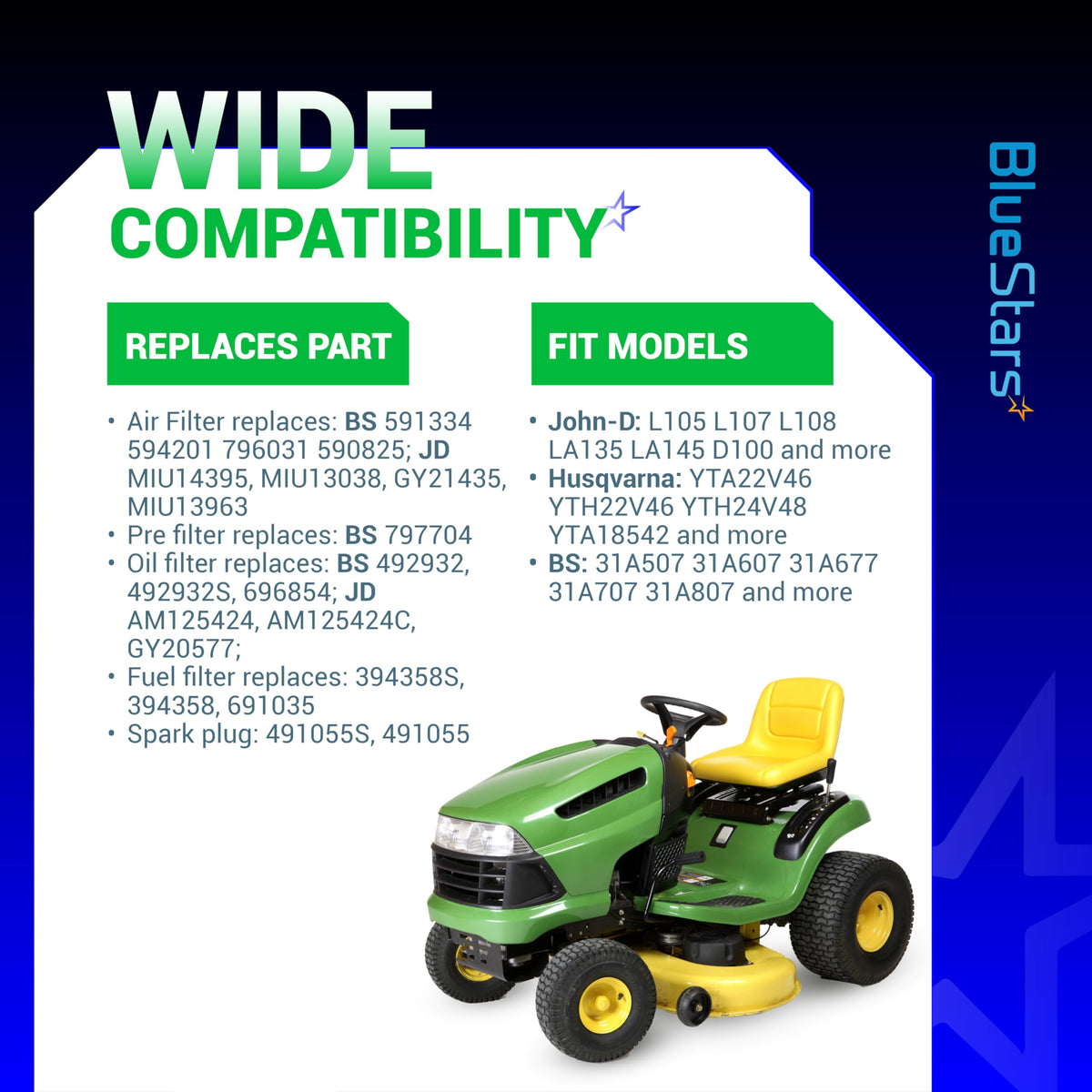 Compatibility chart for air and oil filter replacement parts for John Deere and Husqvarna lawn tractors.