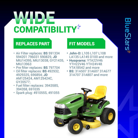 Compatibility chart for air and oil filter replacement parts for John Deere and Husqvarna lawn tractors.