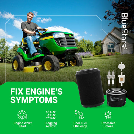 Maintenance kit with air filter, oil filter, spark plugs, and fuel filter for John Deere and Husqvarna lawn tractors.