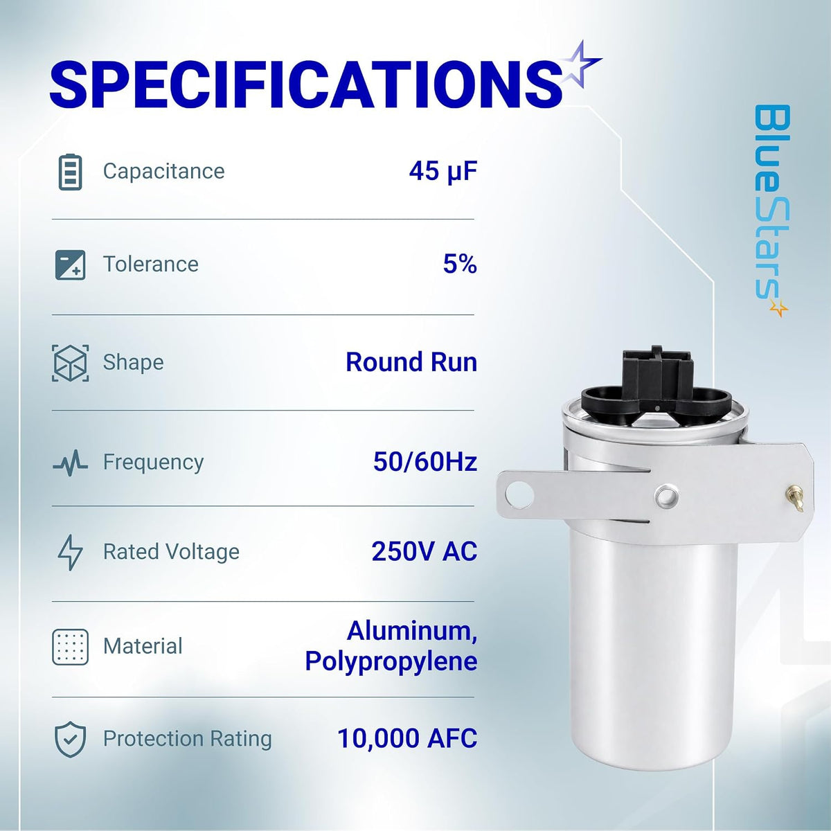 W11428524 45µF MFD ±5% 250V 50/60Hz run capacitor specifications graphic with product photo and ratings