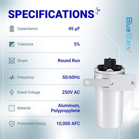 W11428524 45µF MFD ±5% 250V 50/60Hz run capacitor specifications graphic with product photo and ratings