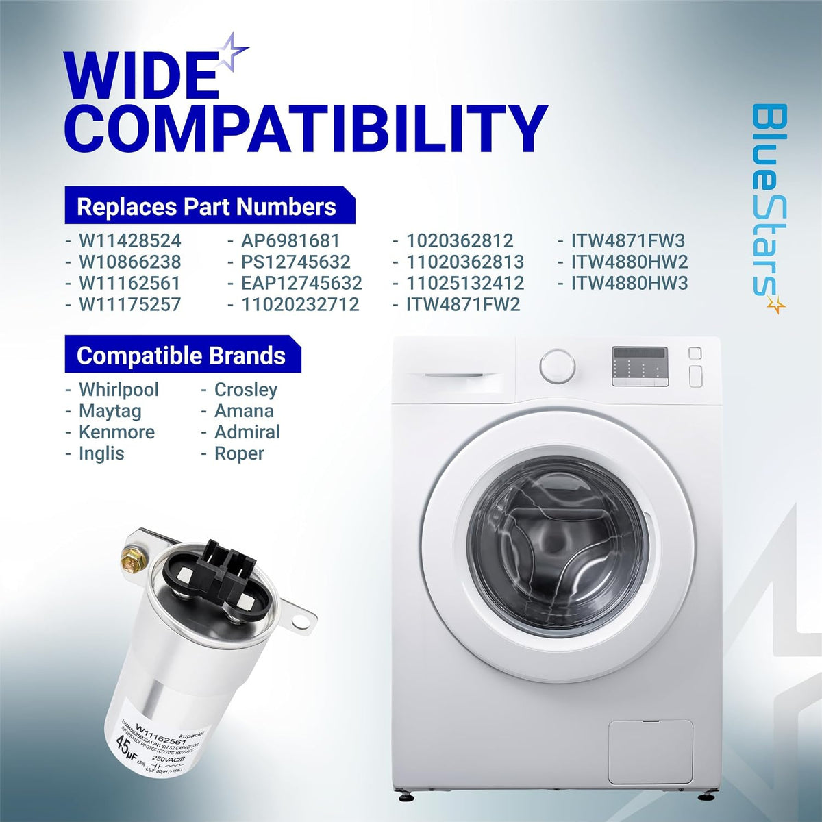 W11428524 45µF run capacitor compatibility chart with replacement numbers, brands, capacitor, and washer