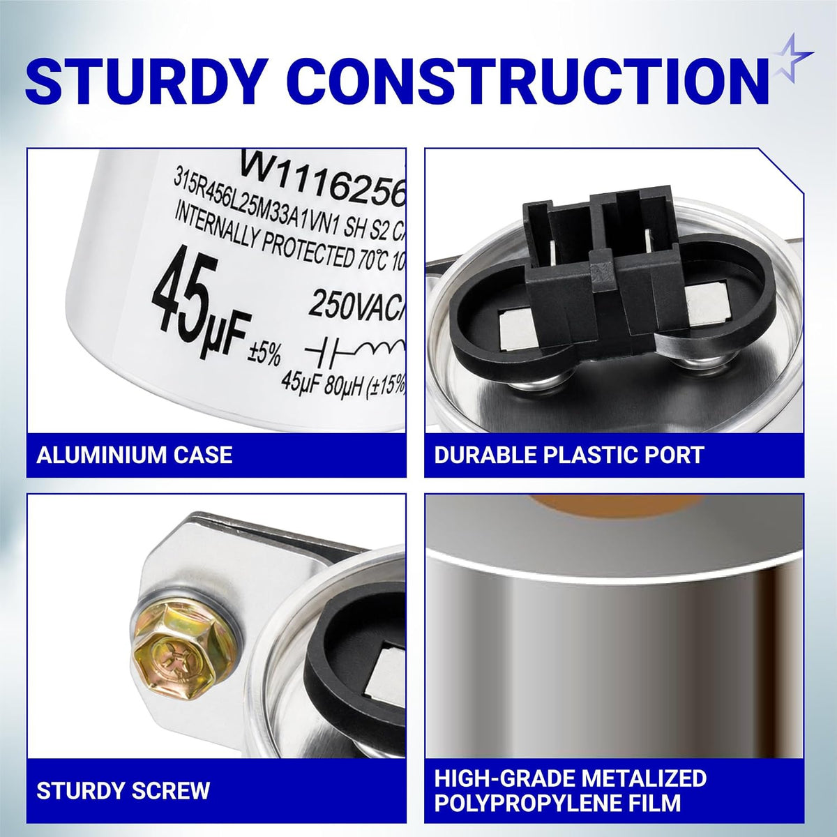 W11428524 45µF 250 VAC run capacitor construction infographic: aluminum case, plastic port, screw and polypropylene film