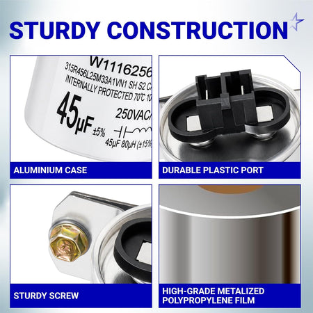 W11428524 45µF 250 VAC run capacitor construction infographic: aluminum case, plastic port, screw and polypropylene film