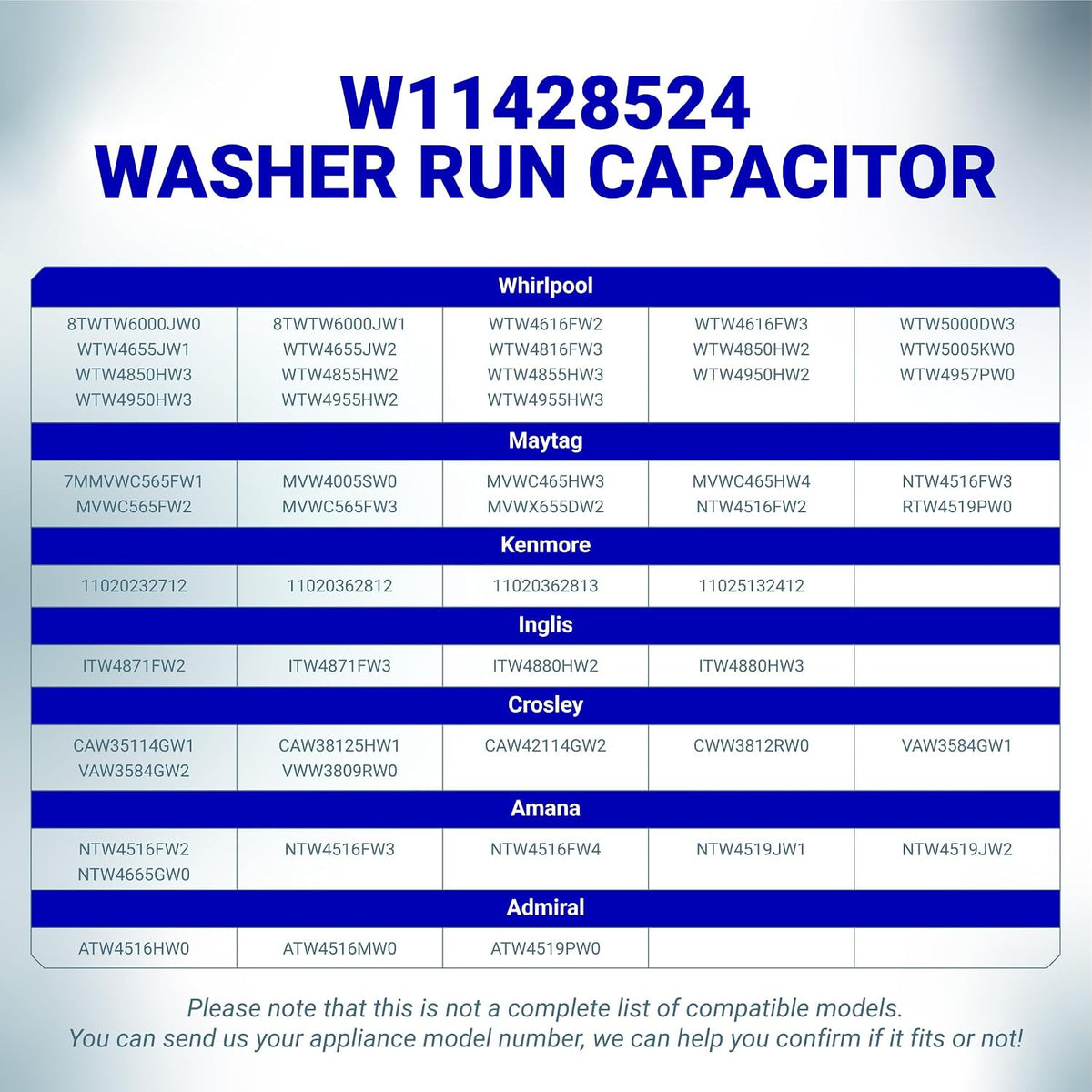 W11428524 washer run capacitor, compatibility chart for Whirlpool, Maytag, Kenmore, Inglis, Crosley, Amana and Admiral.