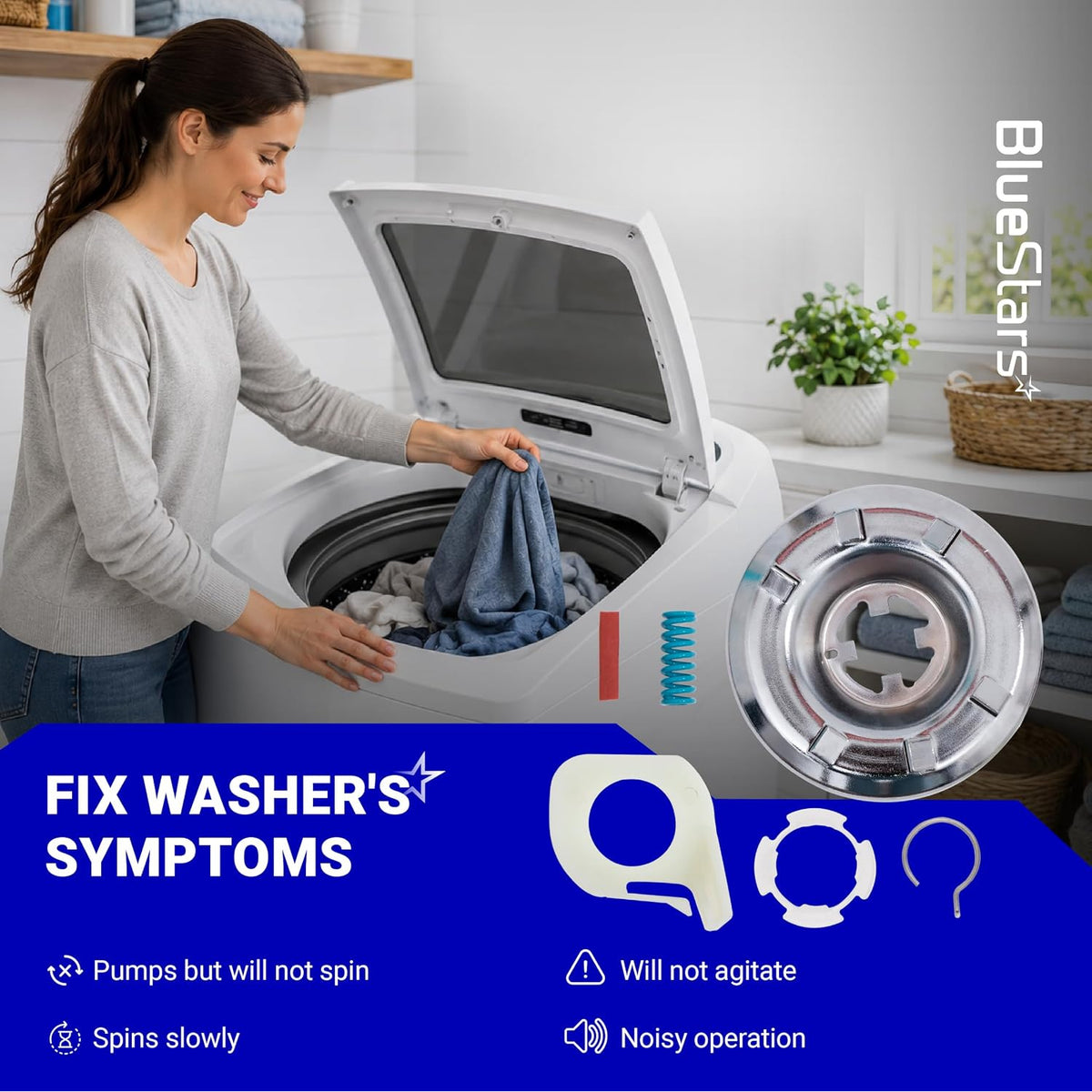 285785 Washer Clutch Kit Replacement graphic with woman loading a washer, clutch close-up, and listed washer symptoms